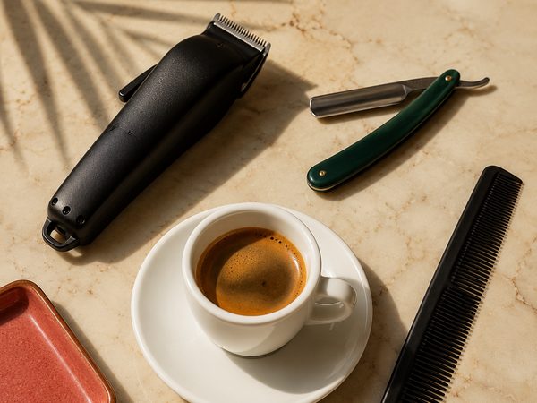 Cafecito, clippers and a straight razor on a marble counter